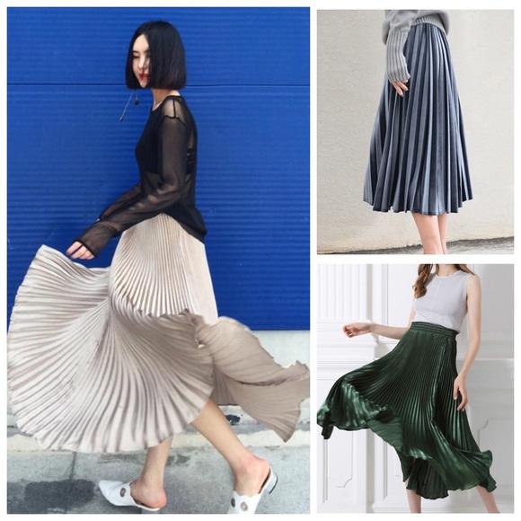 🎀 Metallic Pleated Skirt Green Gold Steel Gray - Picture 3 of 7