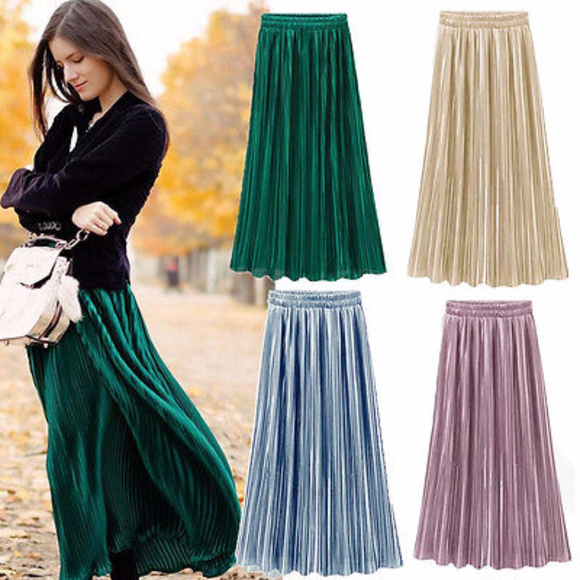 🎀 Metallic Pleated Skirt Green Gold Steel Gray - Picture 2 of 7