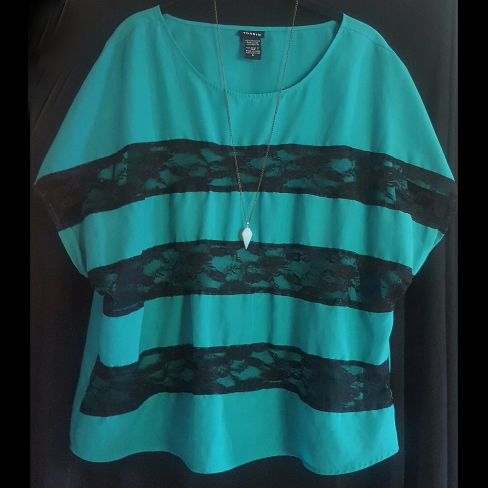 Torrid Teal and Black Lace Stripe Tunic