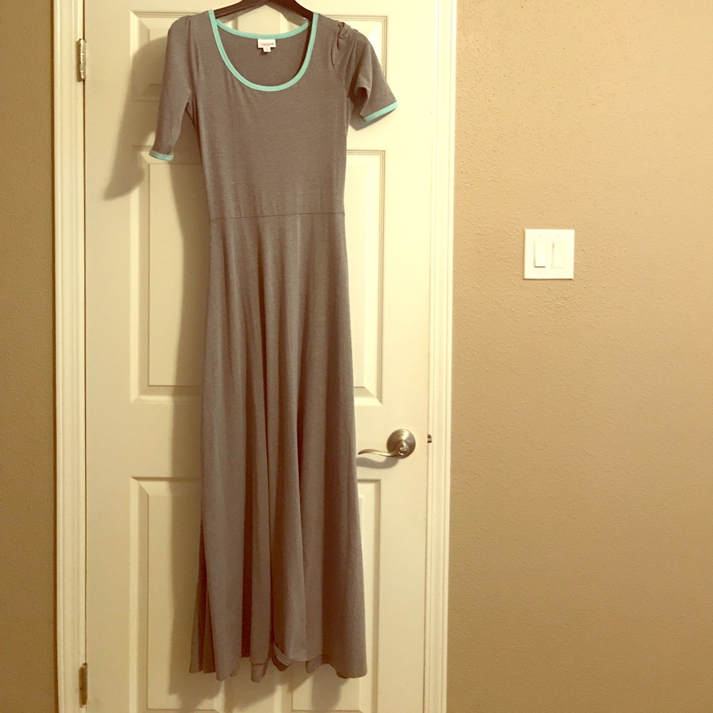 Lularoe grey heather dress with aqua blue trim