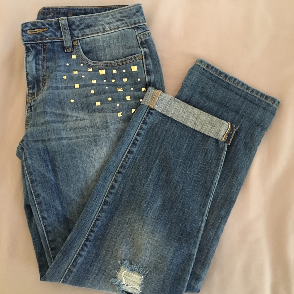 J Lo distressed gold rhinestone jeans - Picture 2 of 8