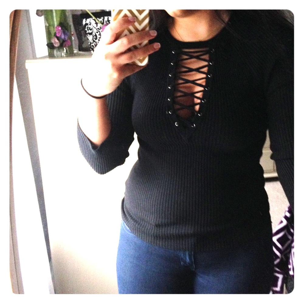 Express black lace up front ribbed sweater