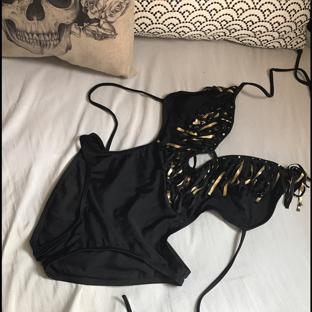 ❗️SOLD❗️Black & Gold Fringe Swimsuit