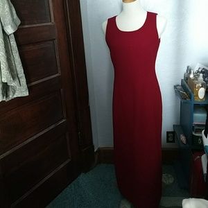 Long, crimson business-casual sheath dress