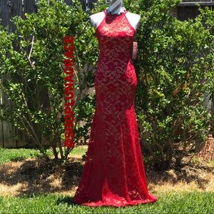 Red & Nude Lace Halter Mermaid Dress