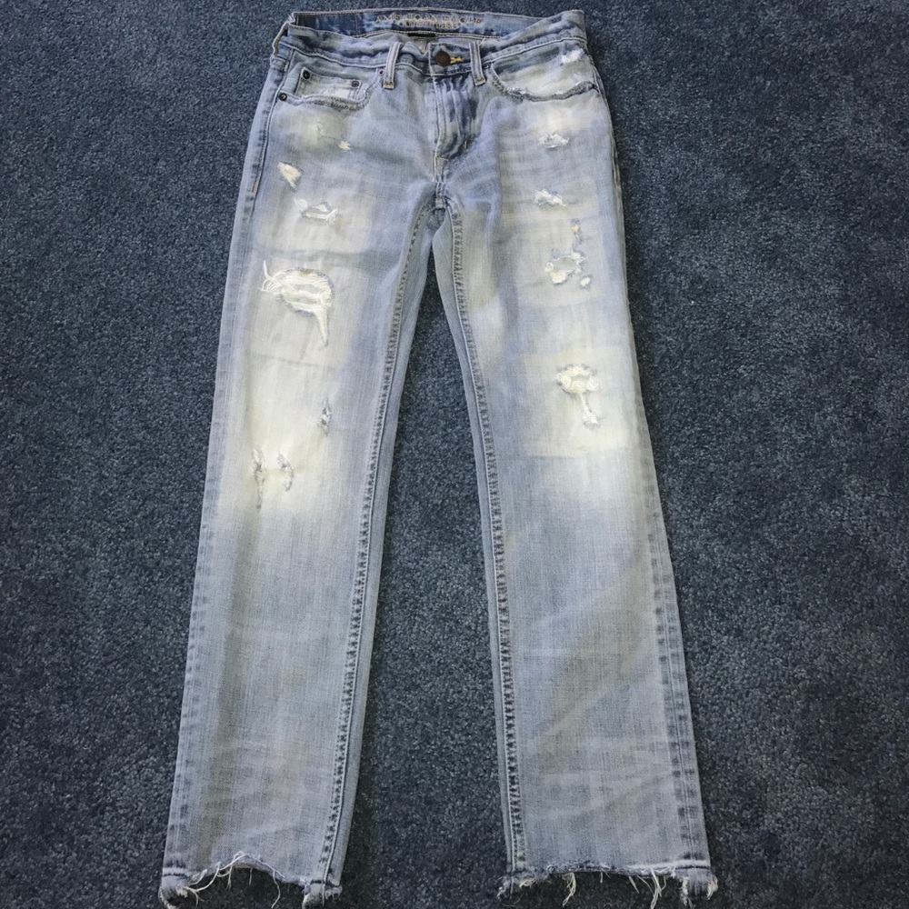Light wash destroyed/repaired AE jeans