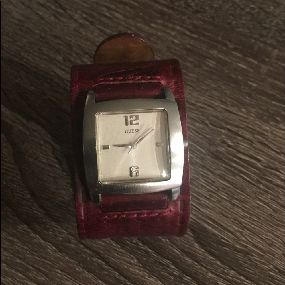 Guess watch, Wide Burgundy Embossed Leather Band