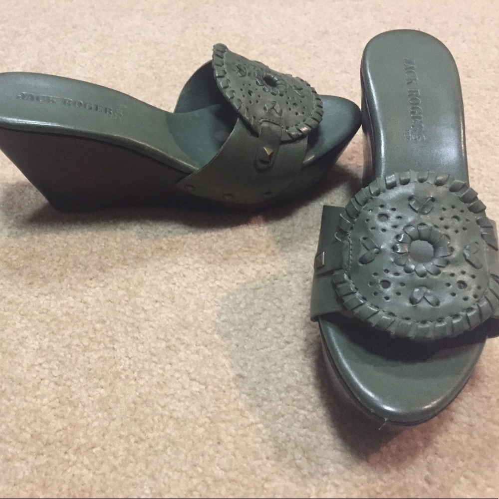 green leather slide on wedges