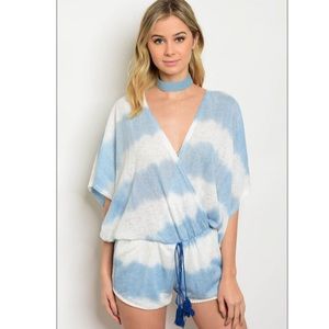 Tie Dye Blue White Kimono Romper