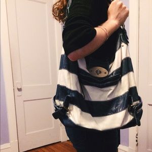 Blue and white striped purse