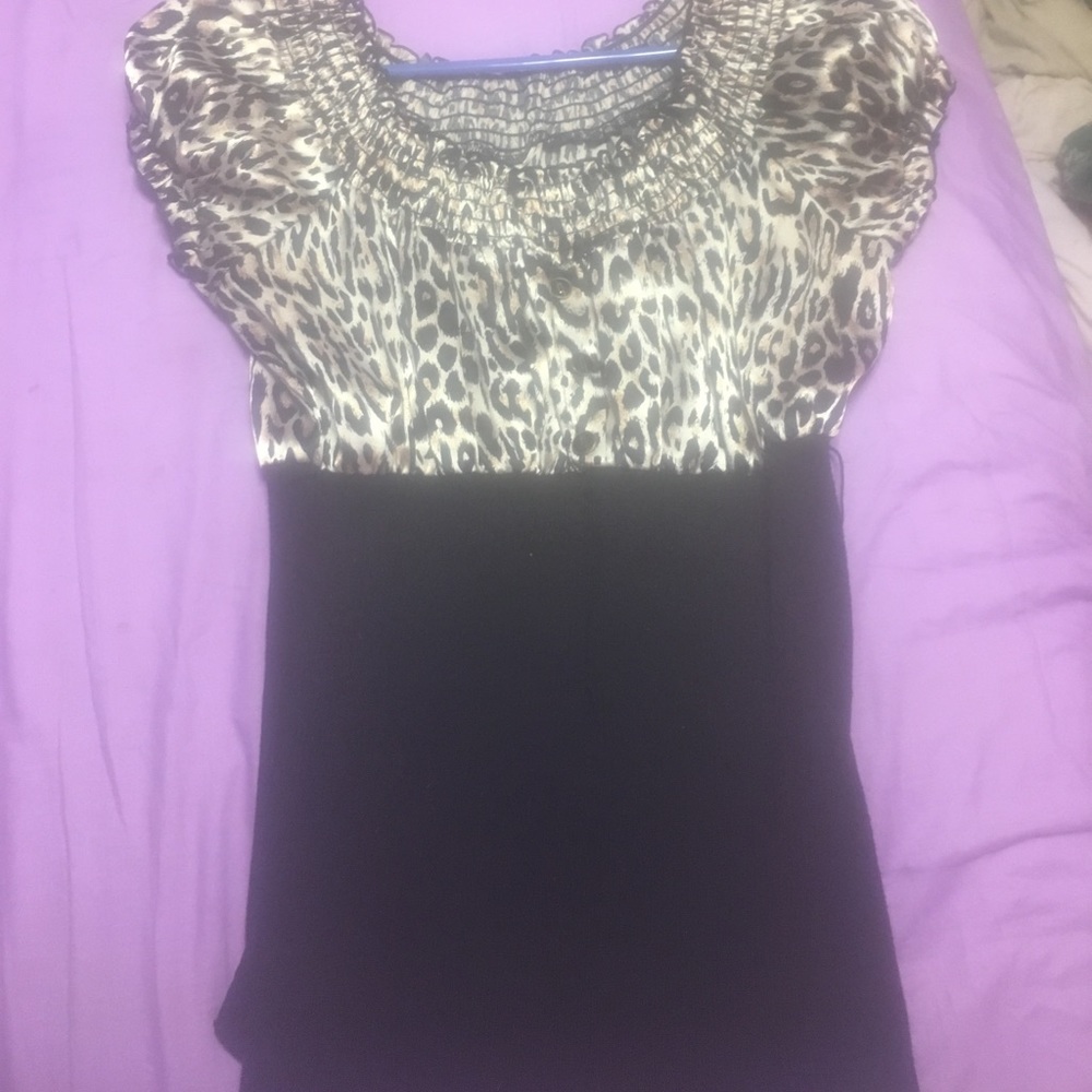 Black And Leopard Print Shirt With Ruching.
