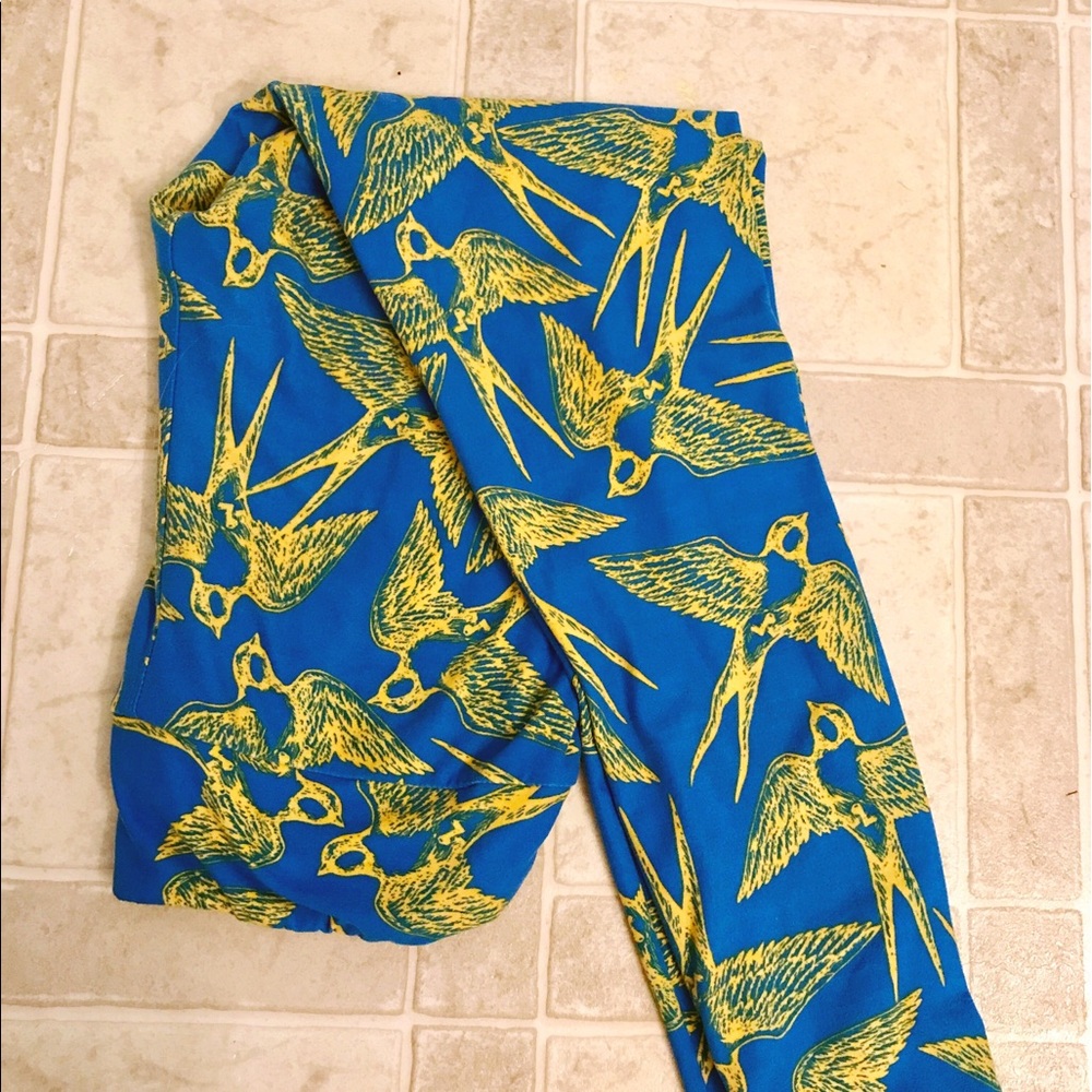 OS Lularoe Leggings Blue and Gold Yellow Birds