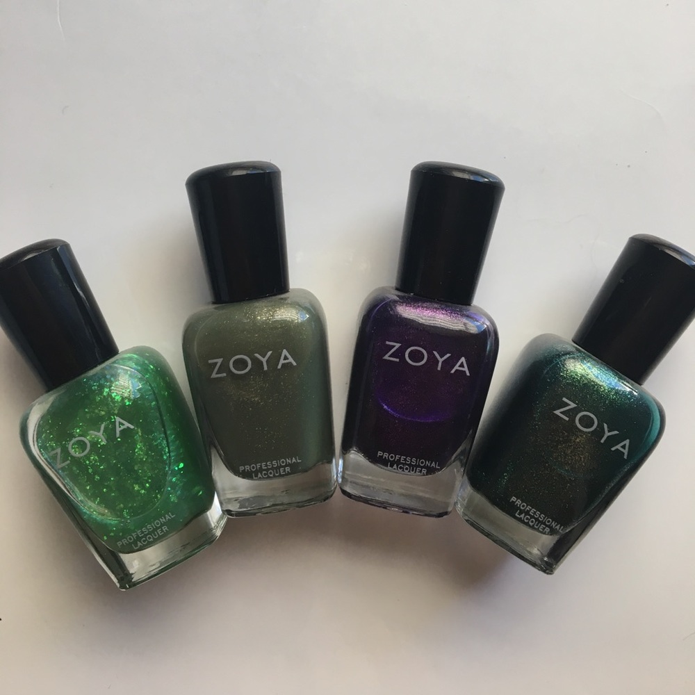 Four glittery jewel toned Zoya nail polishes