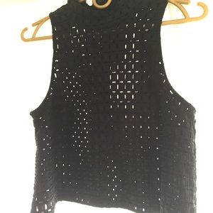 Black woven eyelet mock turtle neck crop tank top