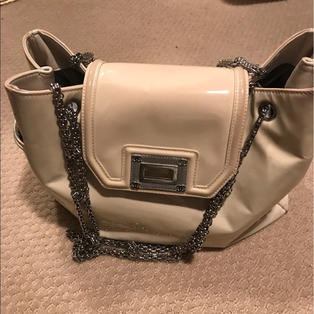 Off white chanel patent leather bag. Heavy chains