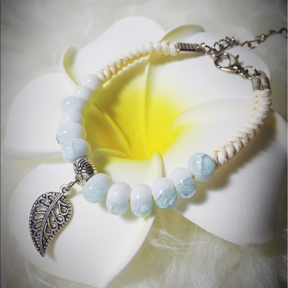 Ceramic Bead with Silver Leaf Braided bracelet