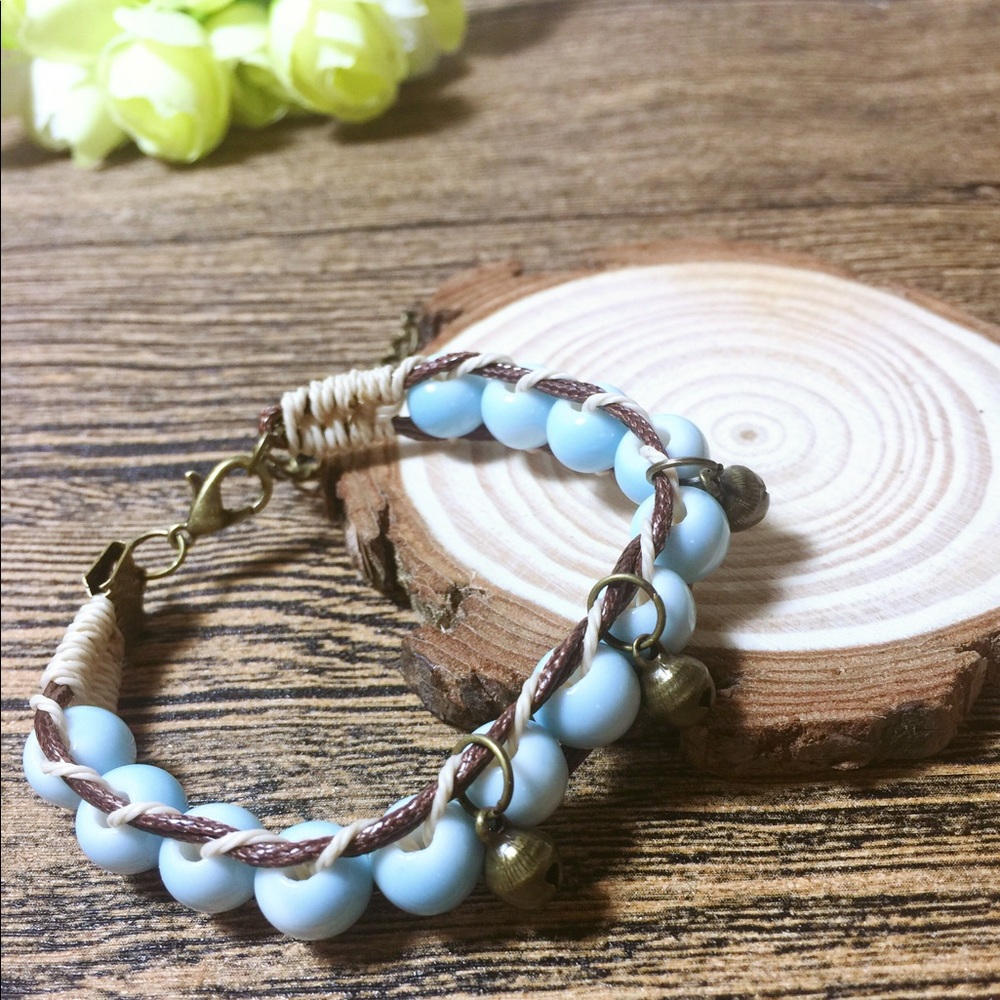Handmade Blue Ceramic Beaded Bracelet with Bells