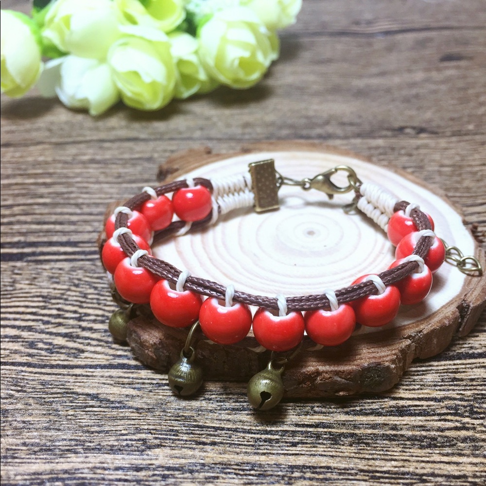 Handmade Red Ceramic Beaded Bracelet with Bells