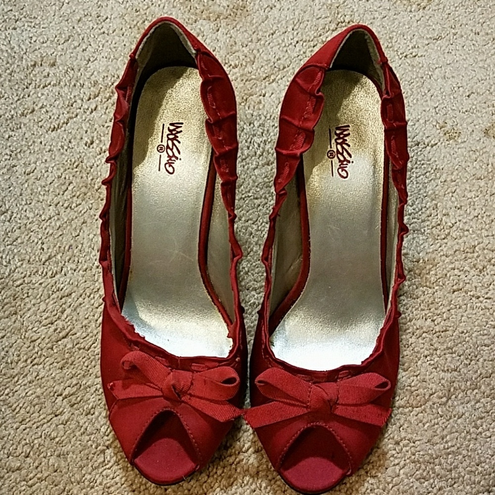 Red satin heels.