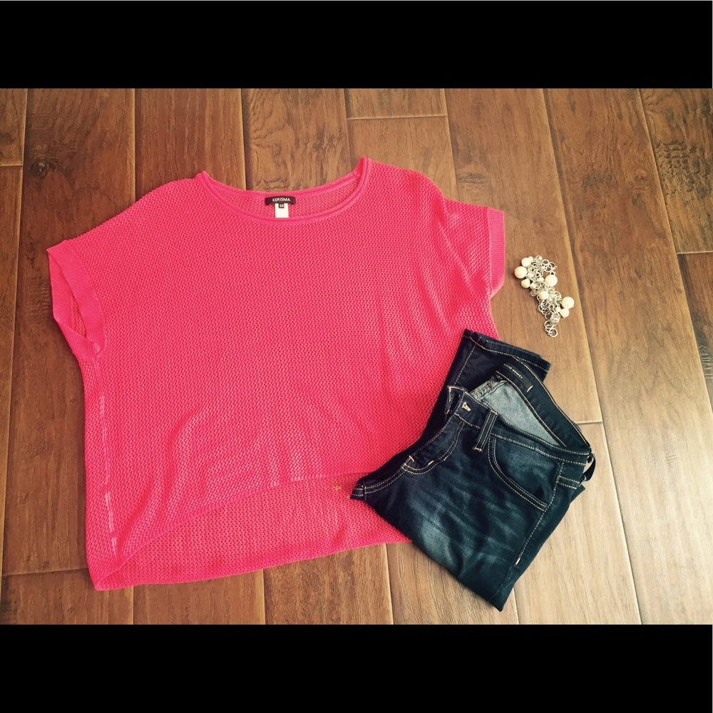 Hot Pink High Low Mesh Knit Top