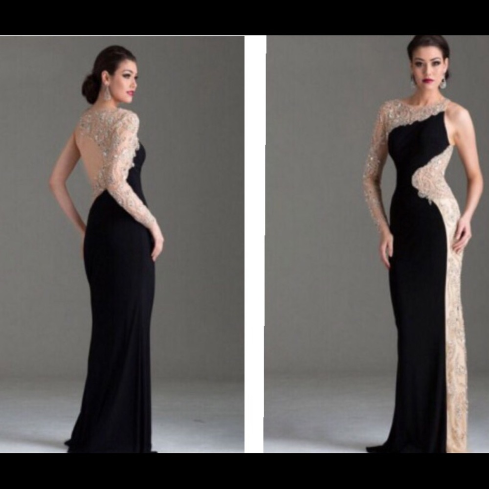 Nude / Black Lace &  Rhinestoned Dress