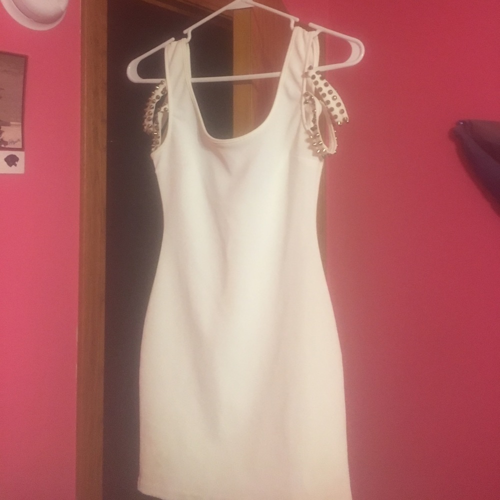 White And Gold Spiked/Riveted Mini Dress