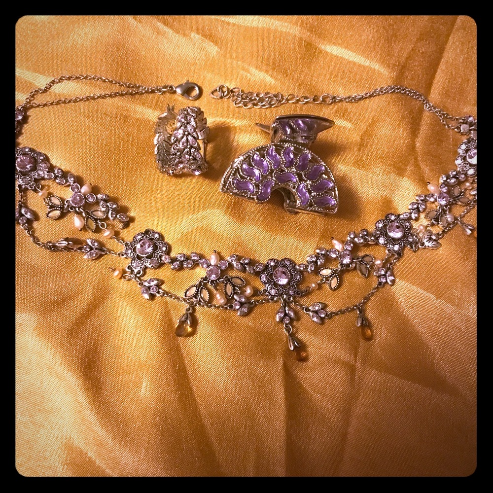 Purple silver necklace earrings and hair clip