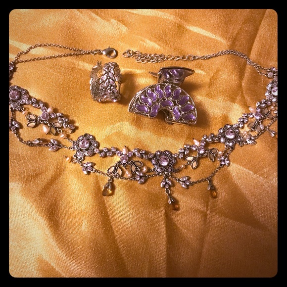 Purple silver necklace earrings and hair clip - Picture 1 of 5