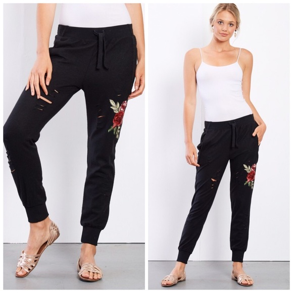 LAST TWO soft distressed flower patch joggers - Picture 2 of 4