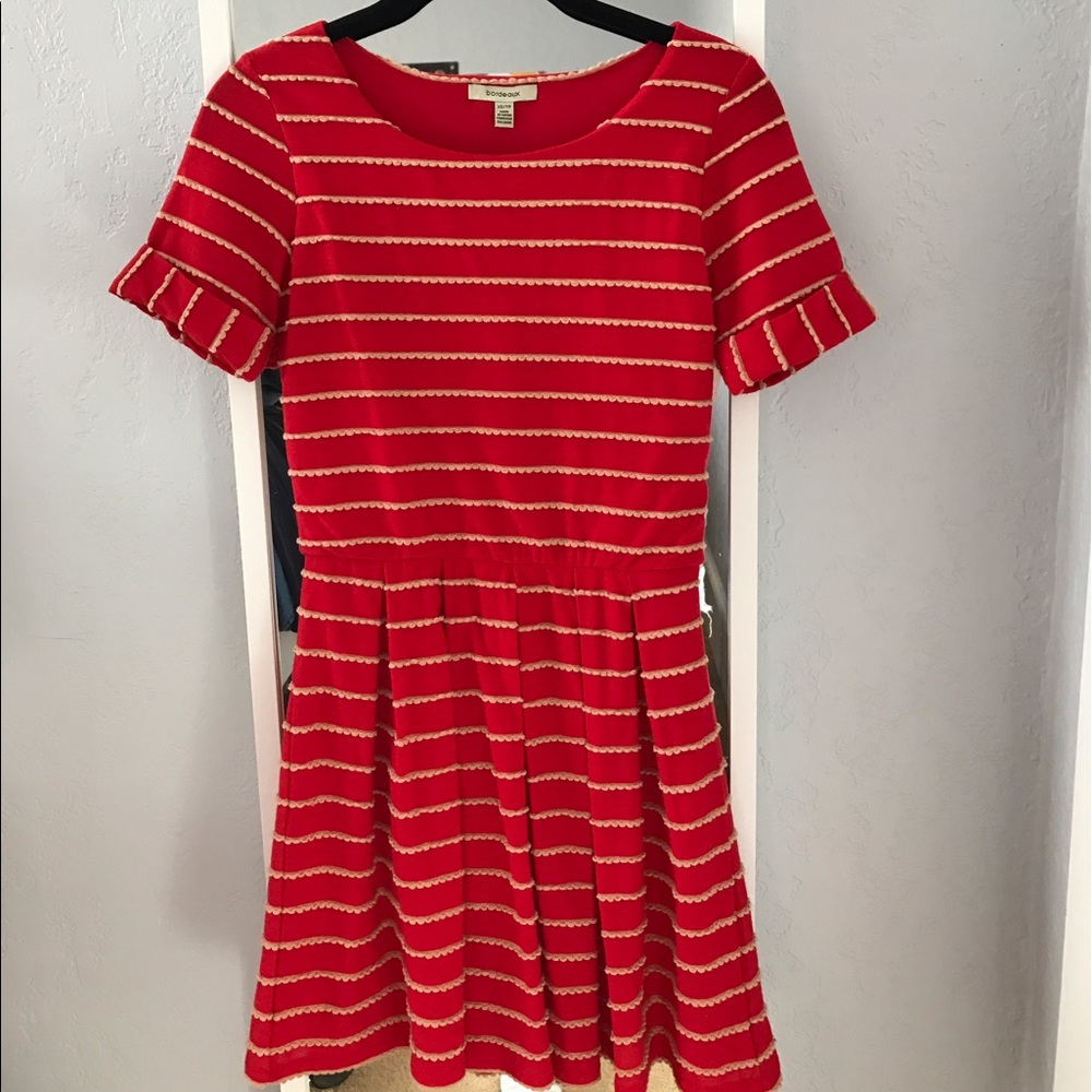 Anthropologie Bordeaux Red Scalloped Stripes Dress