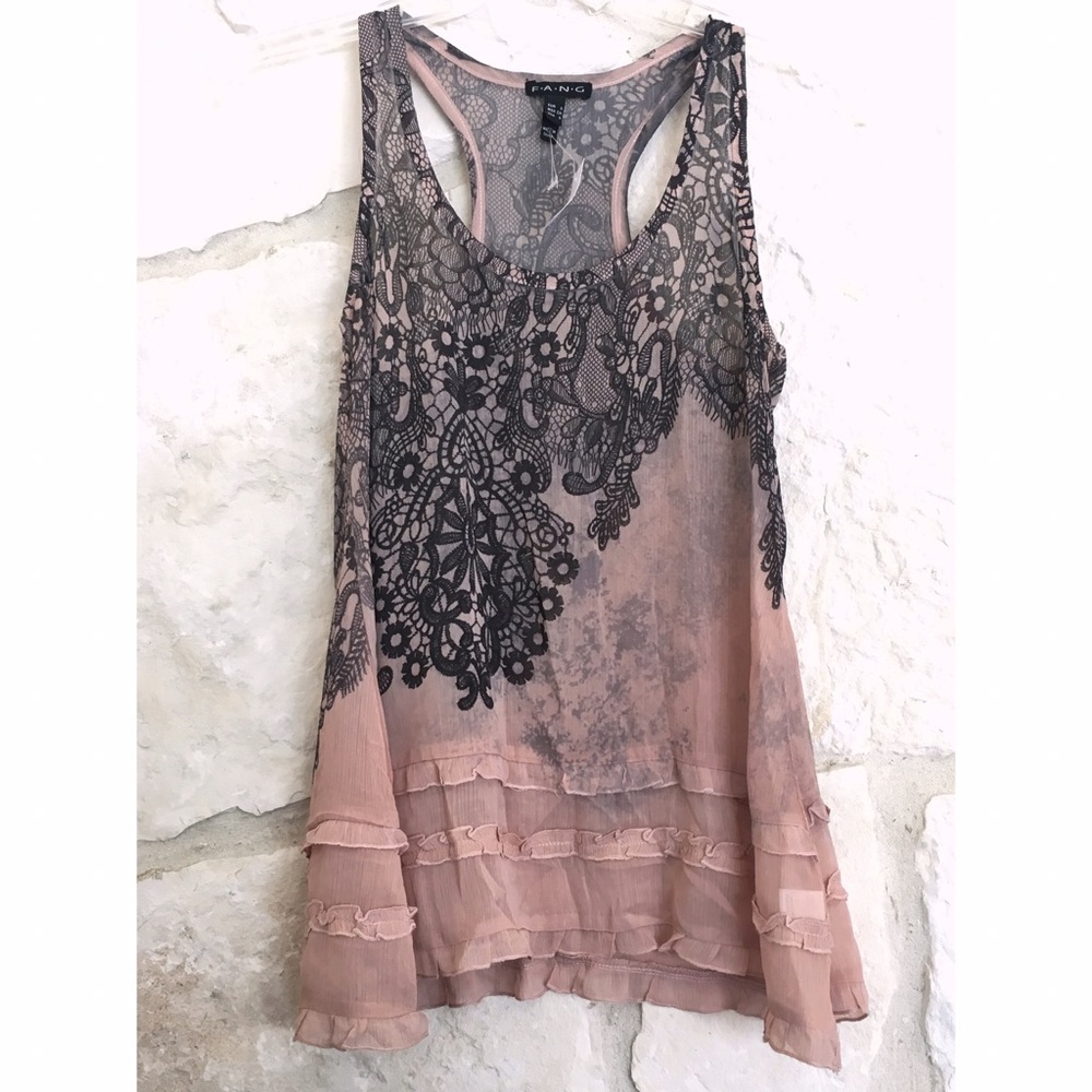 Pink and Black Semi Sheer Ruffled Top