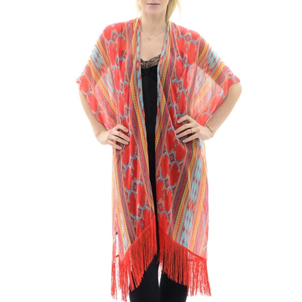 Coral Oversized Kimono Vest Geometric Print