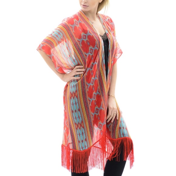 Coral Oversized Kimono Vest Geometric Print - Picture 2 of 3