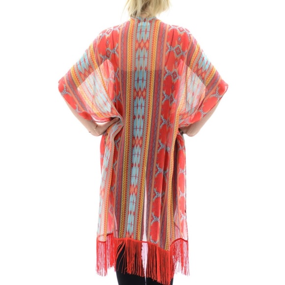 Coral Oversized Kimono Vest Geometric Print - Picture 3 of 3