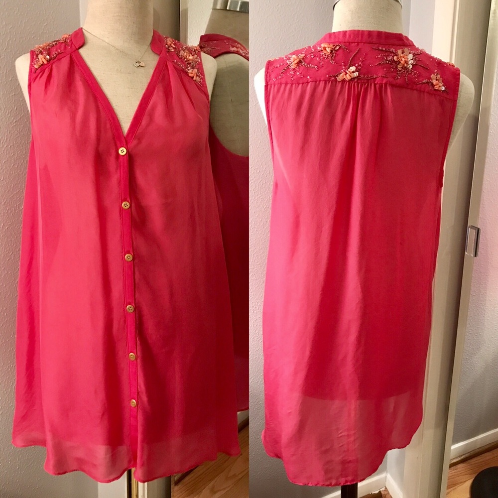 Sheer anthropologie pink beaded tunic size 6/s/xs