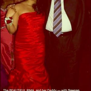 Red full length dress.