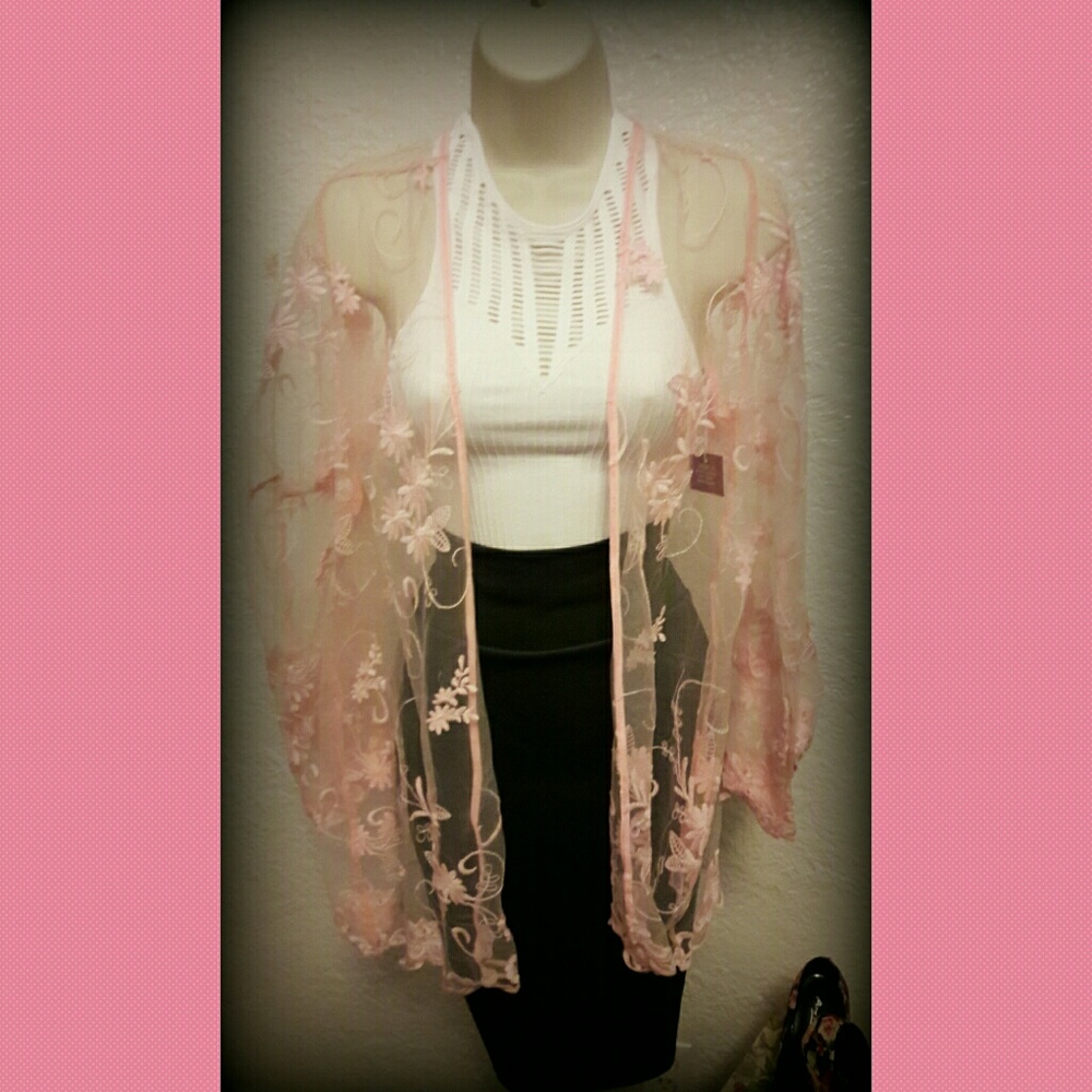 Blush floral embroidered Kimono/Swimsuit Coverup
