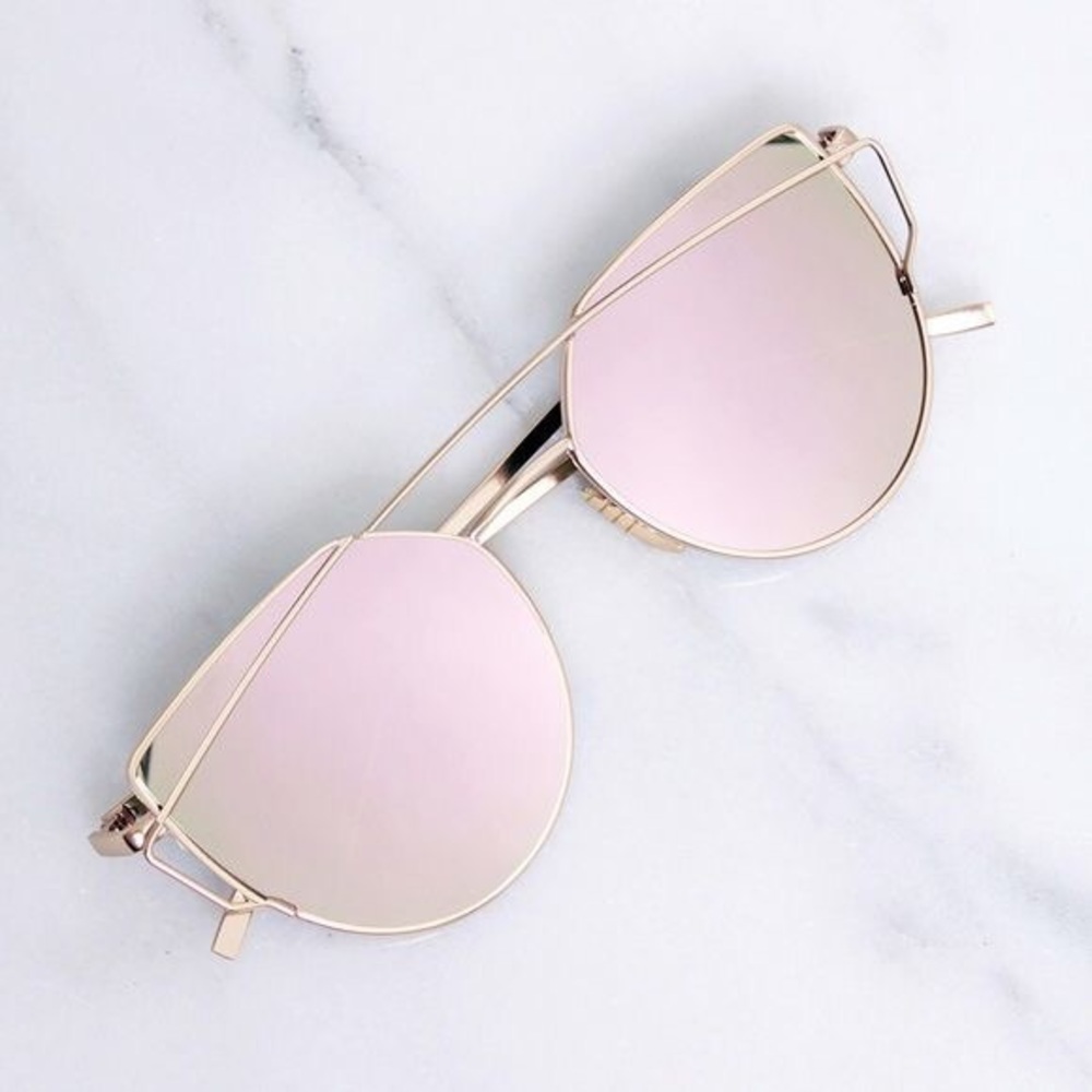 •Rose Gold Mirrored Twin-Beamed Cat Eye Sunglasses