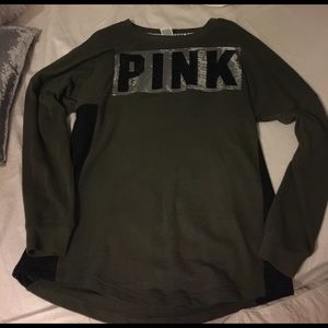 Army green pink sparkly crew neck