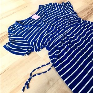 Navy Striped drawstring waist maternity dress.