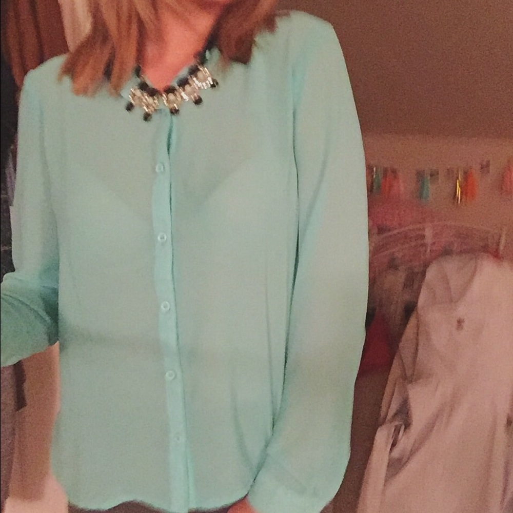 Long sleeve button up small teal blouse