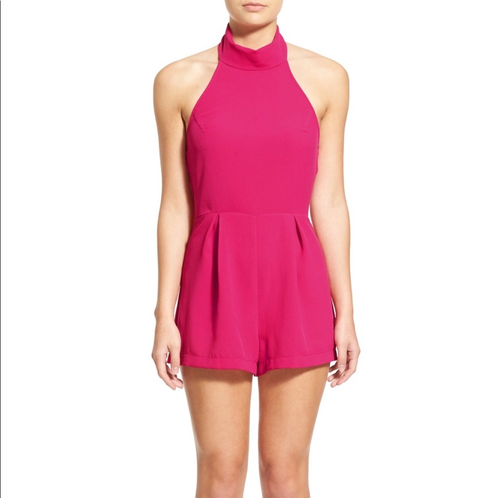 ASTR High Neck Halter Romper in Hot Pink