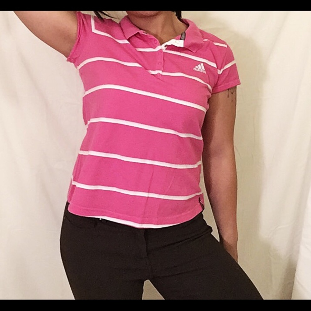 ADIDAS Women's Golf Polo Shirt Pink Striped - L