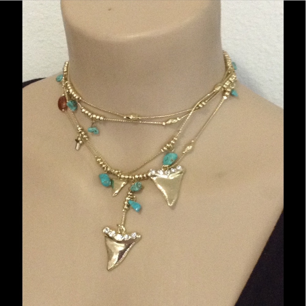 60” Shark tooth gold turquoise tassel necklace new
