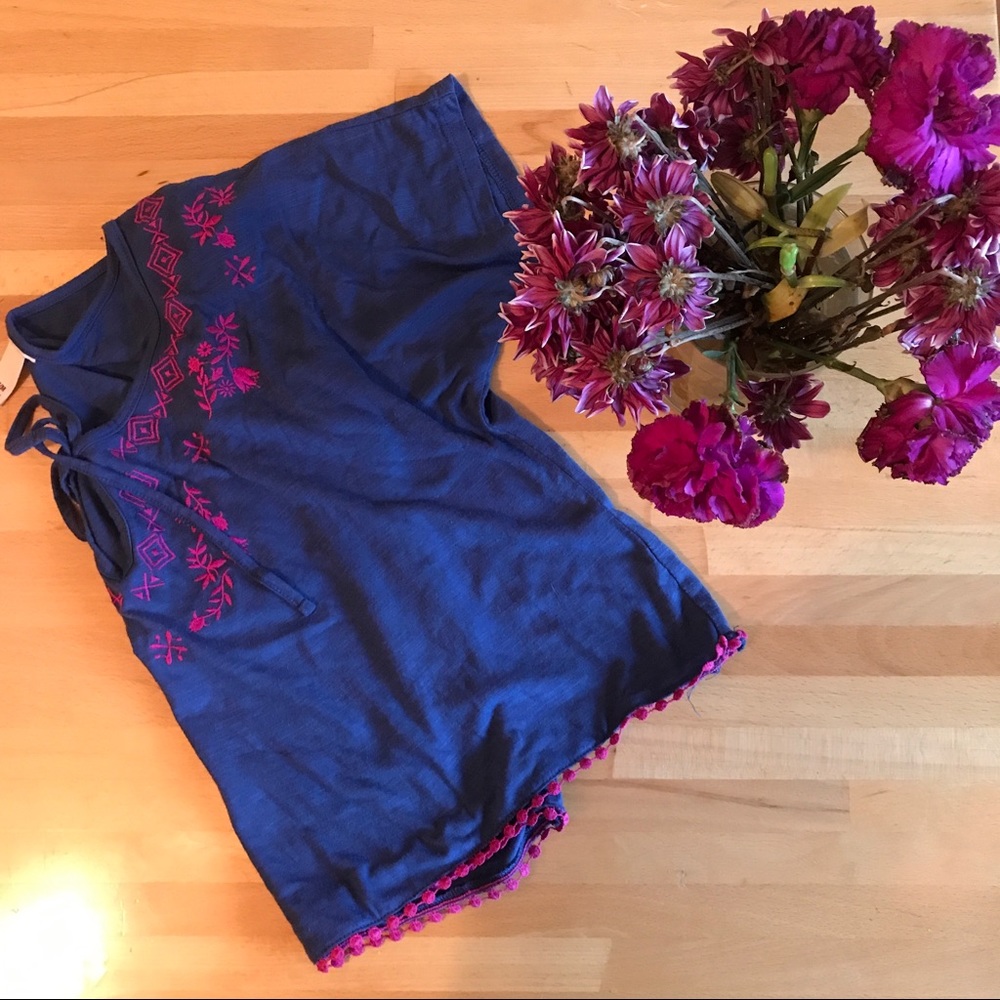 Embroidered Blouse with Pom Pom Trim 🌺