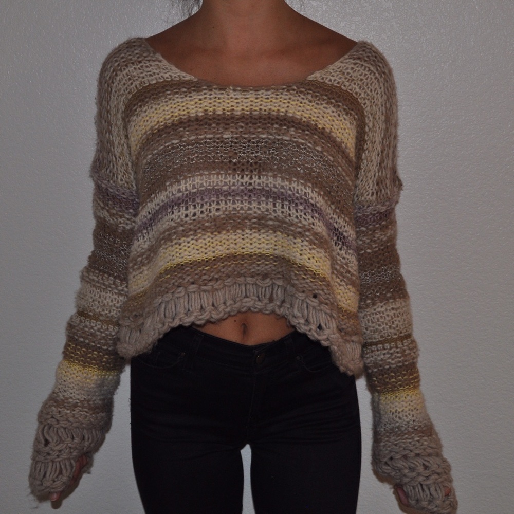 Cream and Gray Free People Knitted Sweater