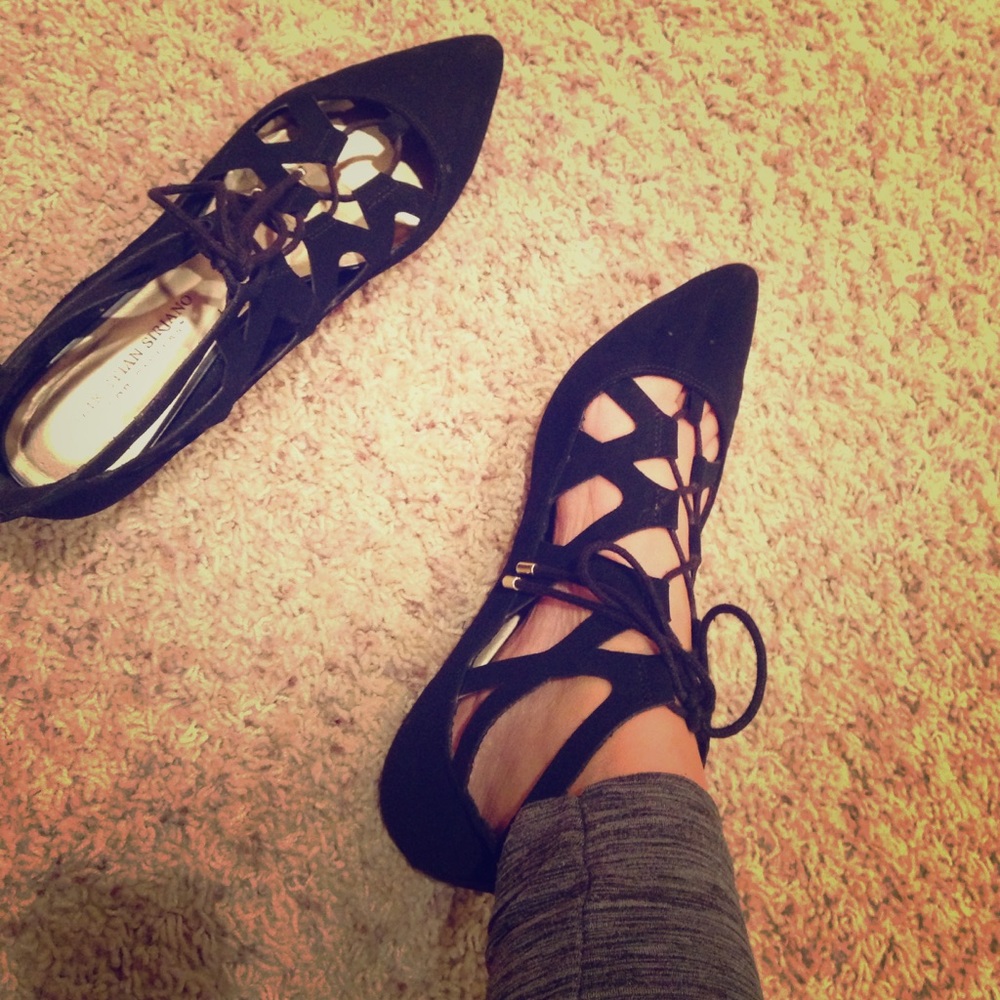 Lace up, zipper back black flats