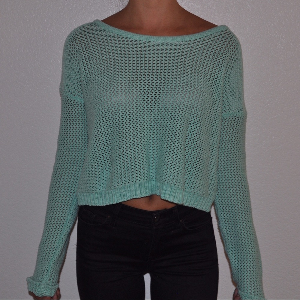 Cropped Turquoise Crocheted Sweater
