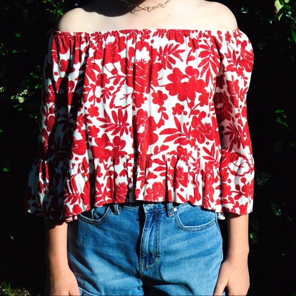 Red Flowy, 1960's/70's Off The Shoulder Floral Top - Picture 1 of 4