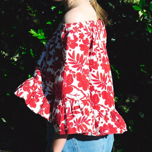 Red Flowy, 1960's/70's Off The Shoulder Floral Top - Picture 2 of 4